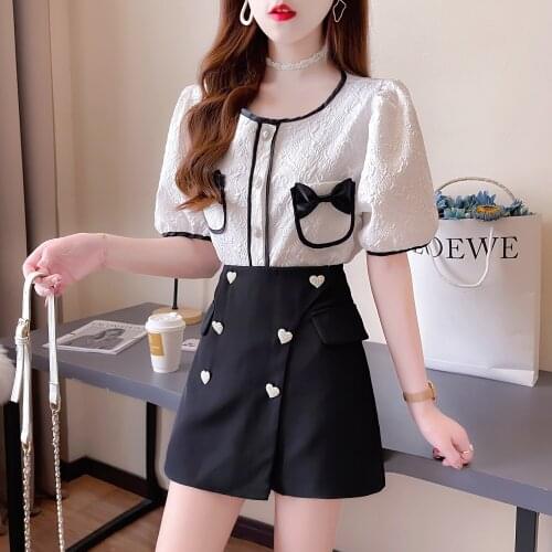 Female Office Suit Set Bow Shirts Top +Heart Pattern Beading Shorts Womens Summer Casual Costumes 2 Piece Sets