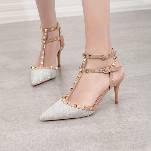 Fashion sexy high heel womens shoes rivets fine heel high heel sequins hollow shallow mouth sandals women