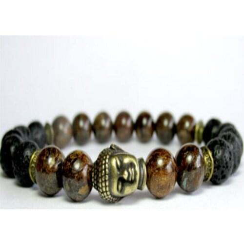 8mm volcanic Bronzite Gemstone Mala Bracelet 7.5 inches Sutra Energy Men Bead Reiki Chakras Stretchy Wristband Bless Buddhism