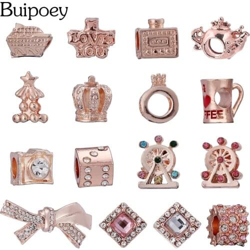 Buipoey Rose Gold Camera Beaded Christmas Tree Charm Fit Bracelets Rhinestone Ferris Wheel Coffee Cup Beads Bangles Accessories