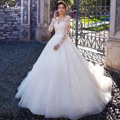 EVALOVE New Arrival Elegant Scoop Neck Long Sleeve A-Line Wedding Dress Gorgeous Appliques Bride Customized Princess Bridal Gown