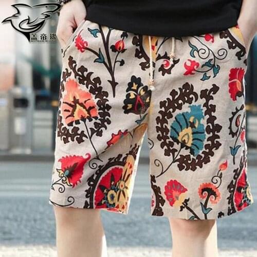 Cotton linen mens beach pants quick-drying casual shorts fashion printed five-point pants110KGyoupin