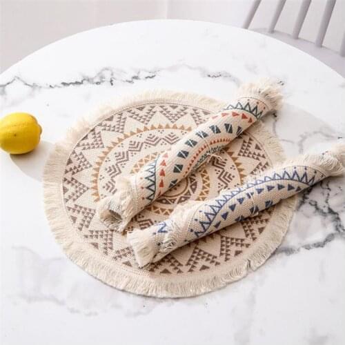 INS Round Cotton Linen Woven Placemats Bohemian Tassels Table Mats Insulation Pads Flower Mat Rustic Farmhouse Decor Photo Props