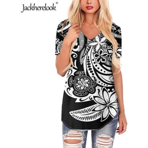 Jackherelook Women V-neck Shirt Black Tops Polynesian Tribal Hawaiian Hibiscus Print 2020 Short Sleeve Blouse Mujer Plus Size