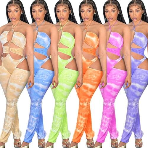 Club Tie Dye Hollow Out Woman Bodysuit Summer Sexy Bodycon Streetwear Casual Low-cut Halter Beach Jumpsuit overalls for women