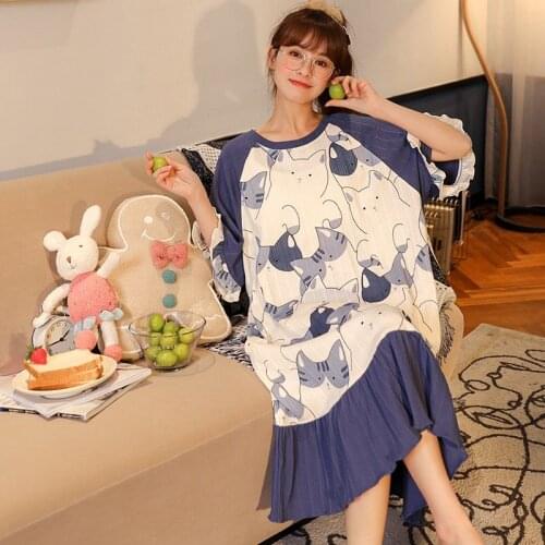 Summer Cotton Pajamas Ladies Korean Loose Plus Size Casual Cartoon Can Wear Nightdresses Night Dress Women Sleepwear