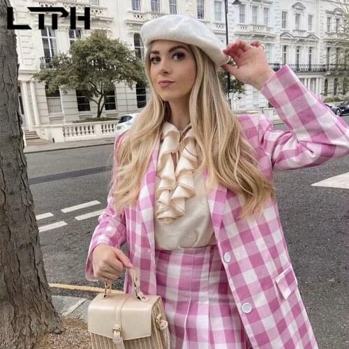 LTPH vintage pink plaid suit Outfits two piece set women mid-length Blazer casual high waist pleated Skirt Suits 2021 autumn new