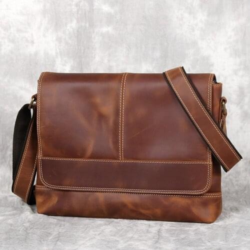 Vintage Natural Crazy Horse Leather Men Messenger Bags Genuine Leather A4 Document Shoulder Bag