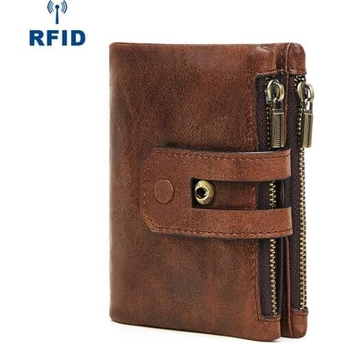 Hot high quality men wallet RIFD anti-magnetic purse retro genuine leather double zipper multi-card position casual wallets