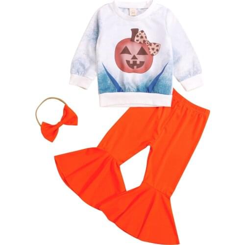 New 3 Pieces Kids Suit Set, Pumpkin Print O-Neck Long Sleeve Tops+ Solid Color Flared Trousers+ Hairband for Toddler, 1-5 Years