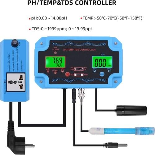 Professional PH Controller 3 in 1 Online PH TDS TEMP Monitor Meter High Precision Water Quality Tester for Aquarium Hydroponics