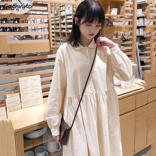Long Sleeve Dress Women Loose Solid Harajuku Students Peter Pan Collar Lovely Korean Preppy Style Female Simple Autumn Vestidos