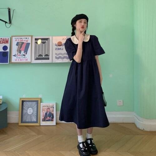 Dress for Women Doll Collar Short-sleeved Dress Female Summer 2021 New Korean Style High Waist Slimming Mid-length Skirt