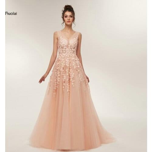 New 3D Flowers with Pearls Prom Dresses 2019 Long V Neck Party Dresses Long Open Back Evening Dresses Prom Dresses