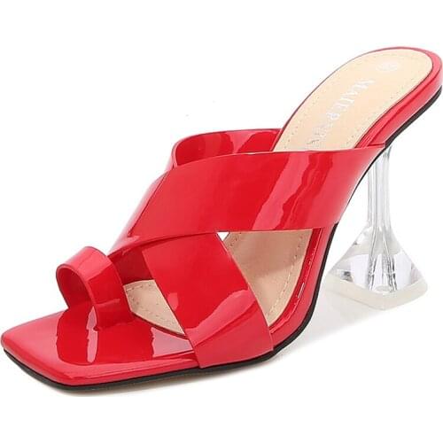 Crystal heel large turn-over sandals and slippers Ladies square toe open toe wine fashion new slippers high heel plus size