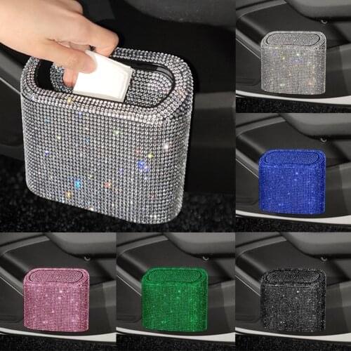 Car Bling Trash Can Storage Bin with Press-Type Lid Shiny Rhinestones Car Storage Box Bag Hanging Type Car Interior Accessories