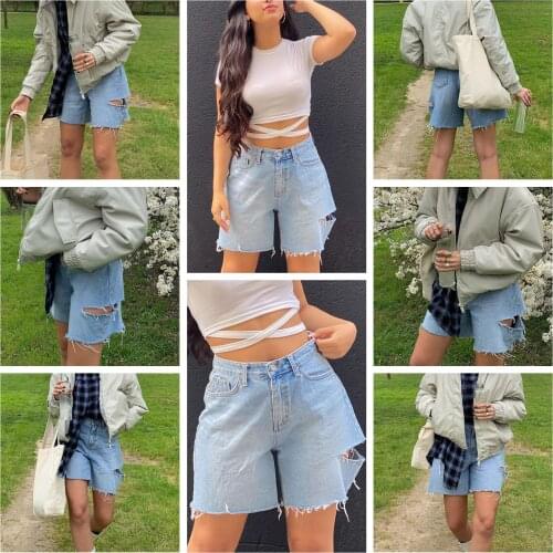 Womens high waist washed denim shorts, new casual fashion, broken copper, rough hem, worn washed denim shorts with holes