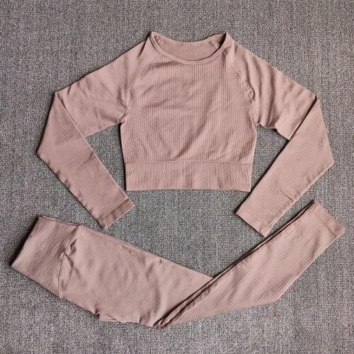 Womens Sportswear Yoga Sets Ribbed Seamless Long Sleeve Workout Clothes for Women High Waist Sports Legging Long Sleeve Top