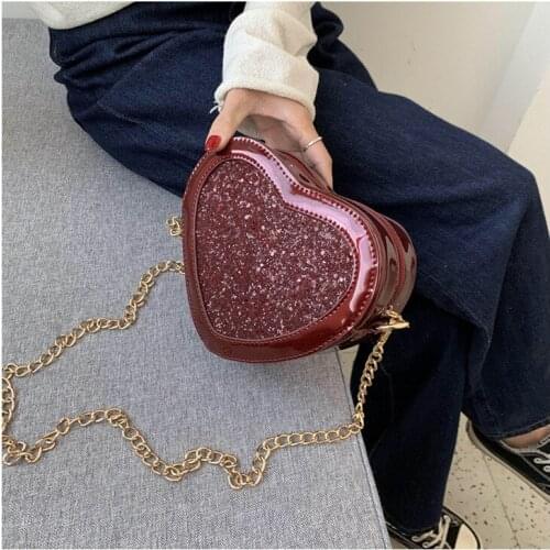 Women Handbag Red Heart Shaped Shoulder Bag Women Fashion Small Messenger Bag Girls Chain Love Flap Bag