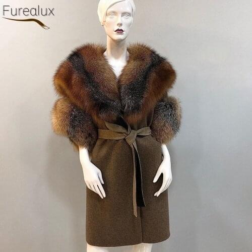 FUREALUX Real Wool Coat With Natural Fox Hat Collar Autumn Winter Fashion Warmth Parker Womens Jacket With Pockets New Arrival