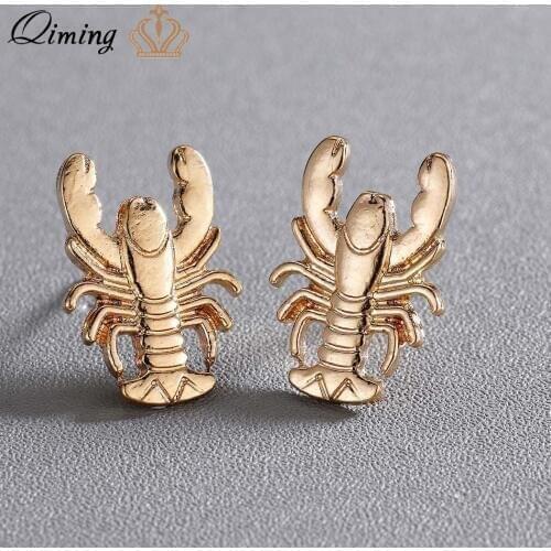 QIMING Gold Boho Big Lobster Stud Earrings For Women Cute Ocean Beach Sea Vintage Cute Earring Statement Jewelry Brincos