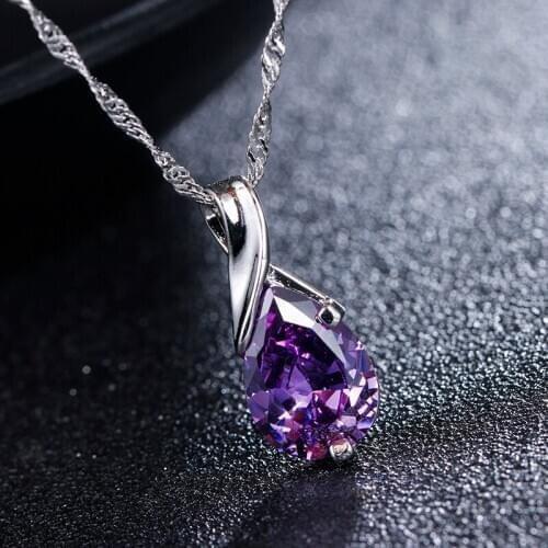 High quality classic water drop purple crystal female 925 sterling silver ladies`pendant necklaces jewelry wholesale gift cheap