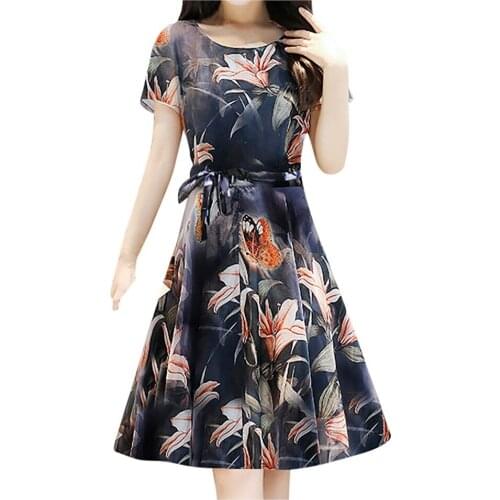Evening Party Dress For Women O Neck Short Sleeve Floral Print Boho Dresses With Belt Casual Vintage Dress Vestidos Festa