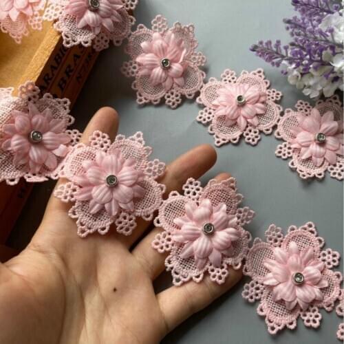 1 yard Pink Pearl Beaded Embroidered Flower Lace Trim Floral Applique Patches Fabric Sewing Craft Vintage Wedding Dress New