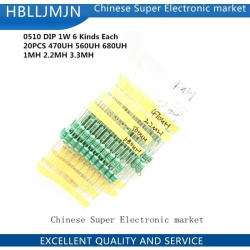 120PCS/LOT 0510 DIP 1W 6 Kinds Color Ring inductance Each 20 Inductors Assorted Set Kit 470UH 560UH 680UH 1MH 2.2MH 3.3MH