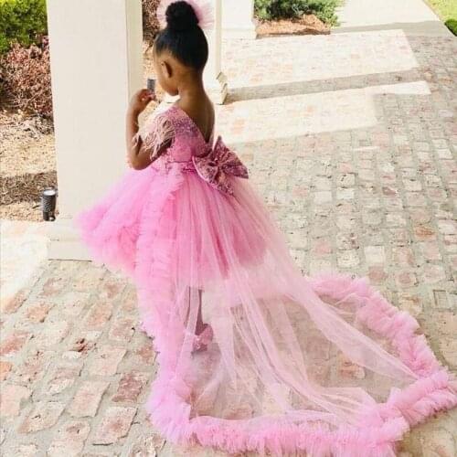 Glitter Sequined Top Flower Girl Dresses for Wedding Hi-Lo Lilttle Princess Birthday Pageant Dress WIth Headbow