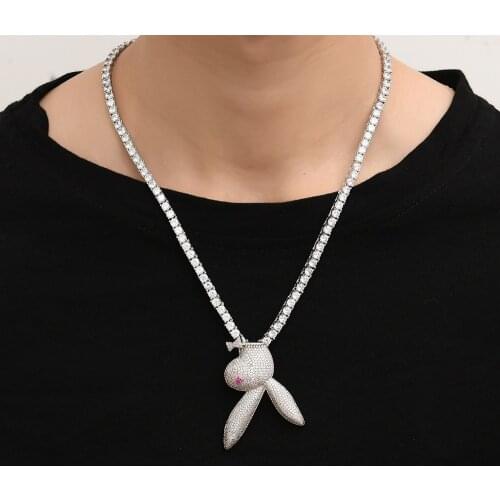 18K Gold Plated Bling Zirconia Simulated Diamond Iced Out Solid Red Eyed Rabbit Pendent Necklace Hip Hop Chain