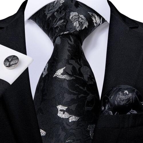 Black Silver Leaf Ties For Men 100% Silk Neck Tie Pocket Square Cufflinks Set Business Wedding Corbatas Mens Gift DiBanGu