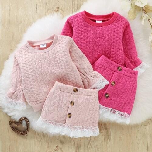 2 Pieces Kids Suit Set, Lace Trim Round Neck Long Sleeve Sweater+ High Waist Skirt for Toddler Girls Childrens Sets