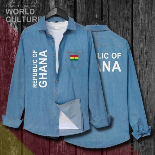 Republic of Ghana Ghanaian GHA GH Men fashion clothes Autumn Cotton Turn-down Collar Jeans Shirt Long Sleeve Cowboy Coat Tops