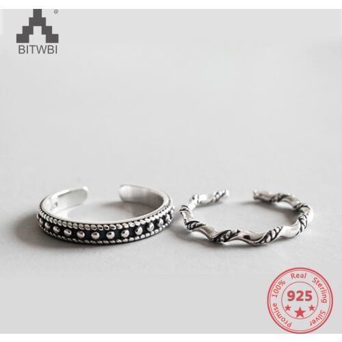 100% S925 Sterling Silver Fashion Ring Set Ethnic Carved Adjustable Open Ring