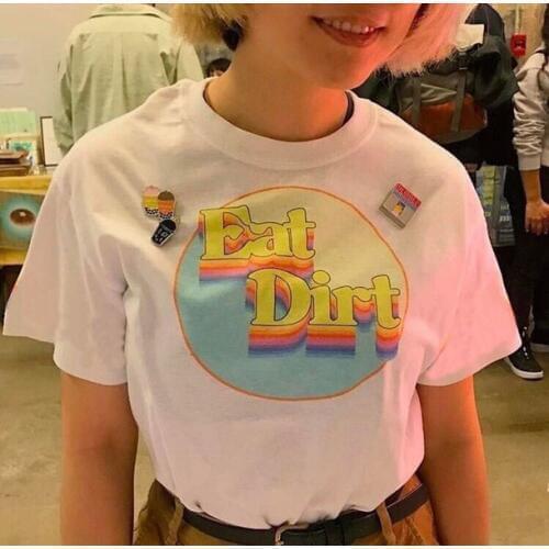 Kuakuay HJN Eat Dirt Letter Print T Shirt Summer Fashion Unisex Tshirt 80s Style White Shirt