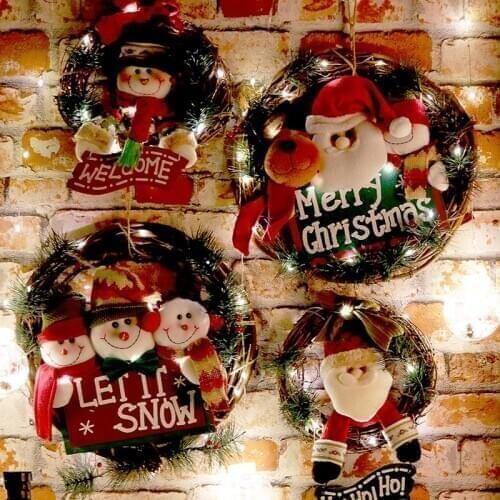 Small wooden Christmas wreath Santa Claus rattan ring Christmas decorations snowman elk doll wreath door hanging