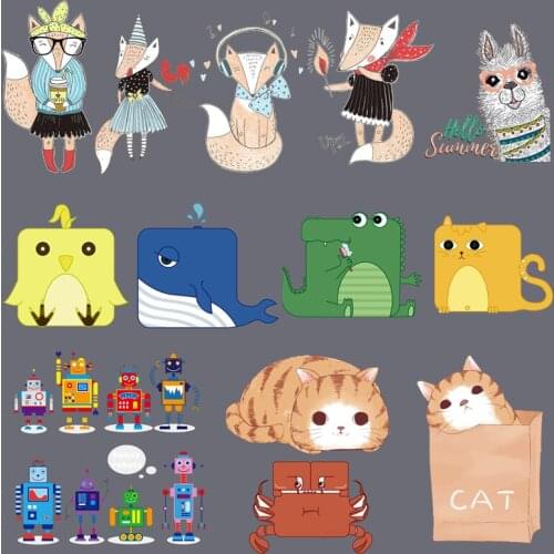 Cute Cat Animals Patches Iron-on Transfers For T-Shirt Children Gift DIY Clothes Stickers Lovely Funny Robots Heat Transfer