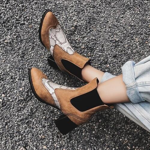 Winter New Print Snake Pu Women Ankle Boots Zip Pointed Toe Footwear Thick High Heels Female Boot Party Shoes zapatos de mujer