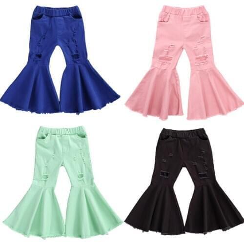 Autumn Fashion Baby Girl Jeans Flare Trousers Ripped Elastic Waist With Pocket Denim Pants 2-7Y