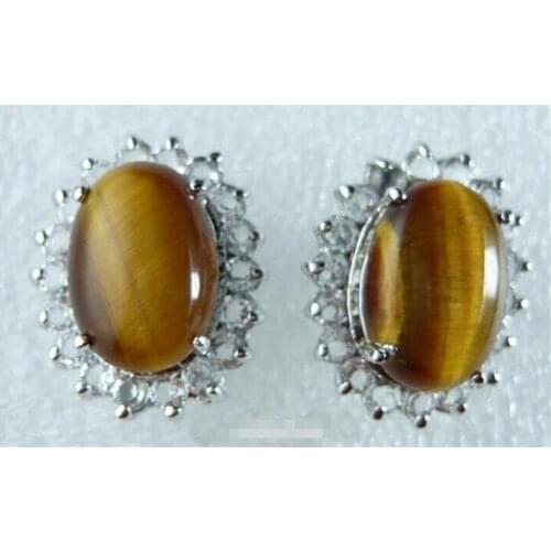 Genuine Tigereye Tigers Eye Opal White Gold Plated Crystal Earrings