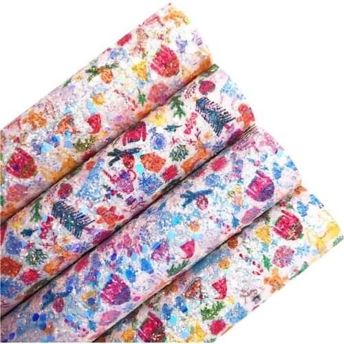 Christmas Gifts Sweaters Printed Chunky Glitter Vinyl Fabric Sheet Felt Backing Synthetic Leather Faux Vinil DIY A4 SIZE R317A