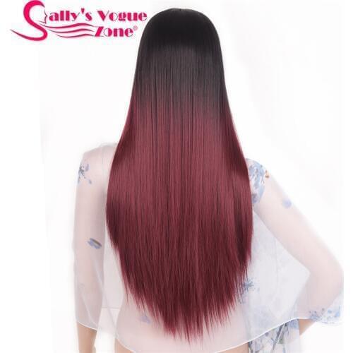 Sallyhair High Temperature Synthetic Straight Long Ombre Black Wine Red Color American African Wigs Hair For Black Women