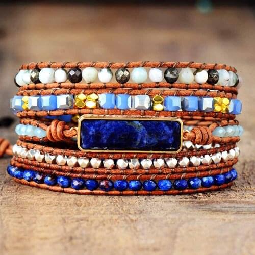 Unique 5 Times Leather Rope Bracelets Femme Semiprecious Stone Wrap Bracelets Multilayers Beads Bracelet
