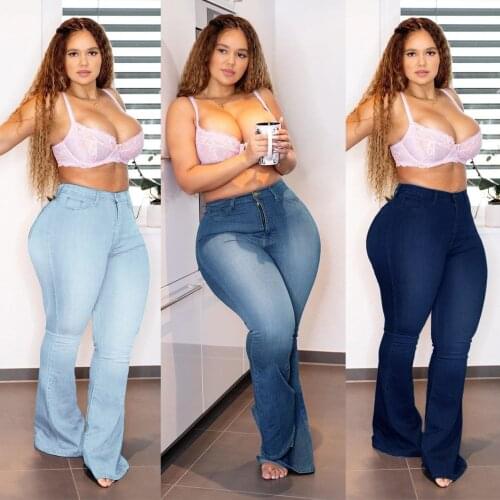 FNOCE 2020 new womens jean pants large size fashion casual elegant all-match solid high waist tight slim denim Wide Leg Pants