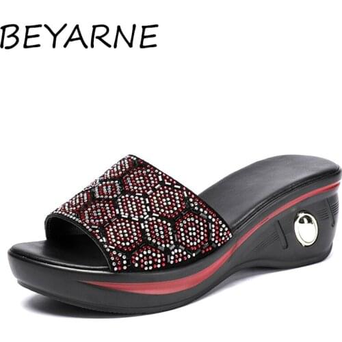BEYARNE slippers woman rhinestones genuine leather summer shoes fashion wedges heels sandals women slides big size 40-41