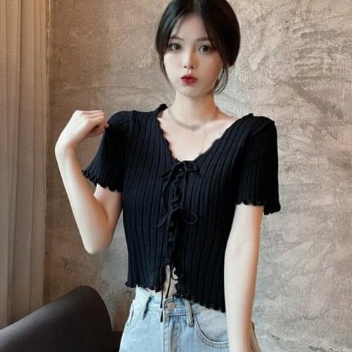 Womens Knitted Crop V Neck Short Sleeve 2021 Summer New Ladies Bandage Exposed Navel Weaved Tees Sleeved Tops