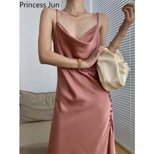 New Summer French Retro Solid Pink Black Suspender Dress Silk Satin Retro Sexy Backless Deep V Neck Strap Side Split Party Dress