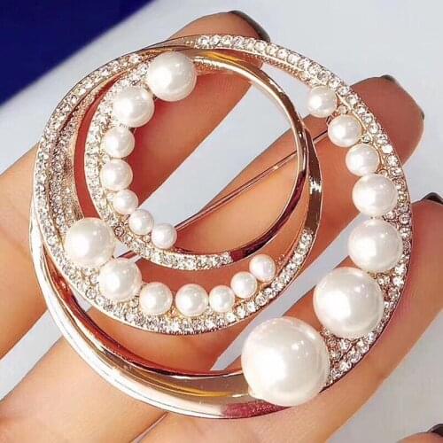 Brand 1:1 elegant temperament spiral ring crystal diamond rose gold pearl brooch, exquisite charm lady silver jewelry