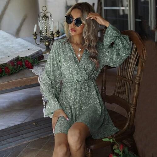 2021 Women Sexy V-neck Boho Mini Dress Elegant Dot Print Butterfly Sleeve Elastic Waist Ladies Dresses Casual Beach Chic Vestido